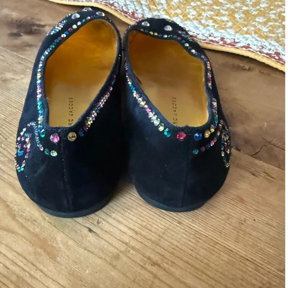 Marc‎ by Marc Jacobs Black Suede Rhinestone Cat Face Ballet Flats Size 37.5